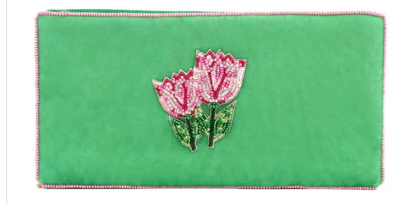 MY DORIS - PINK TULIP ON GREEN MULTI USE POUCH
