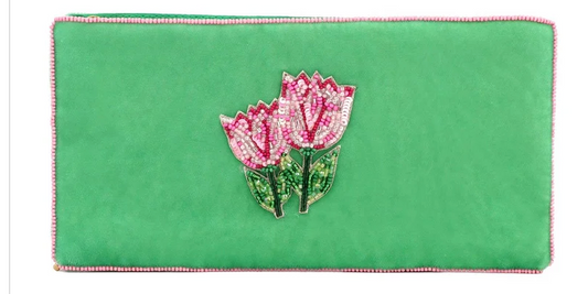 MY DORIS - PINK TULIP ON GREEN MULTI USE POUCH