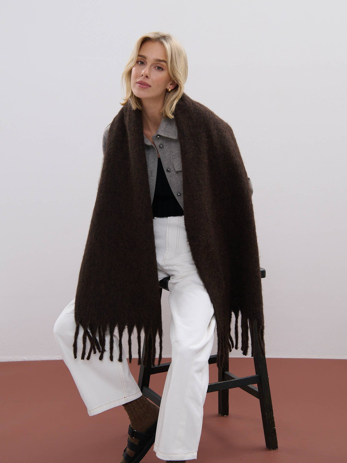 ANGELS WHISPER : Betty Wool Plain Winter Fluffy Scarf - Brown