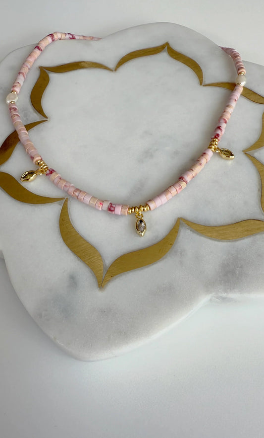 TUNIK -Ceres Heishi Beaded Necklace - Pink - Gold Fill Charms