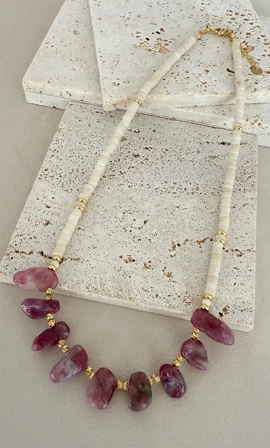TUNIK - Spirit Pink Tourmaline & Ivory Jasper Stone Handmade Beaded Necklace