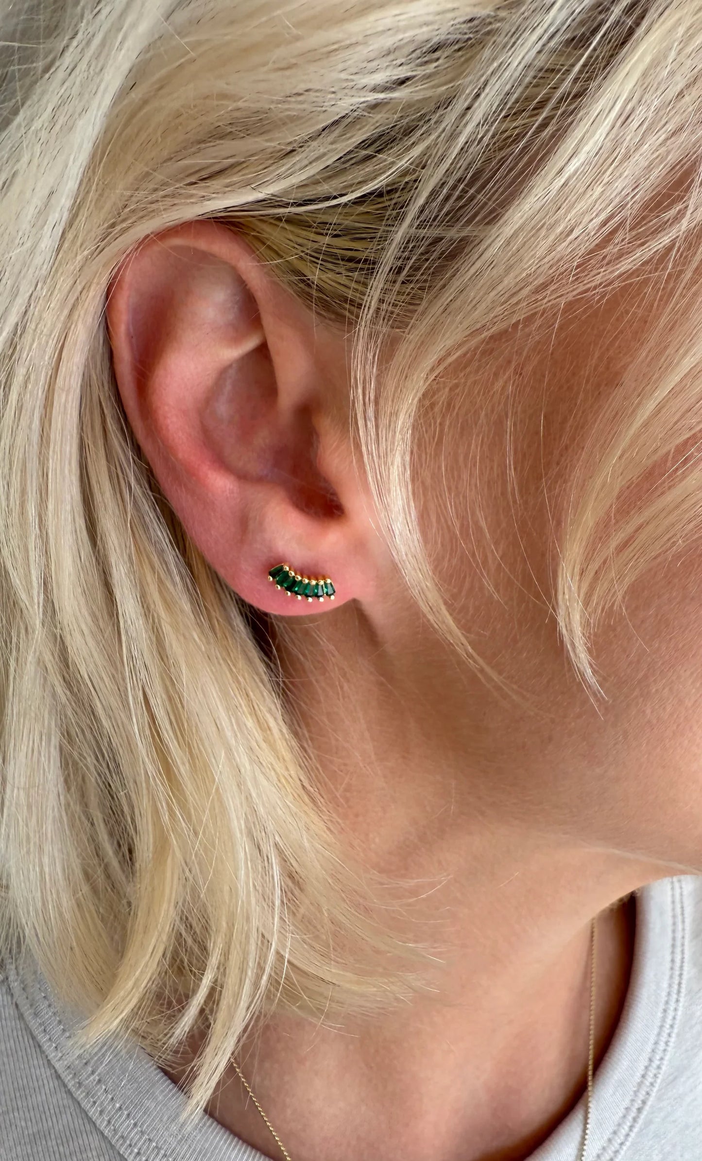 TUNIK - Crystal Crescent Stud Earrings - Baguette Zirconia - Gold Fill