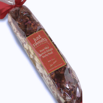JUST SWEETS: Rose Petal Turkish Delight Milk Chocolate Rocky Road 300g